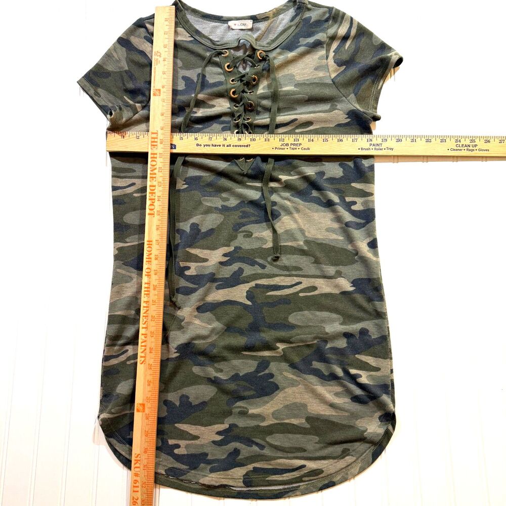 Camo Lace Up Mini Dress Grommet Casual Short Sleeve Tunic Shift Green Brown S - Picture 3 of 5